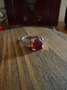 Silver Ring with Deep Red Gemstone